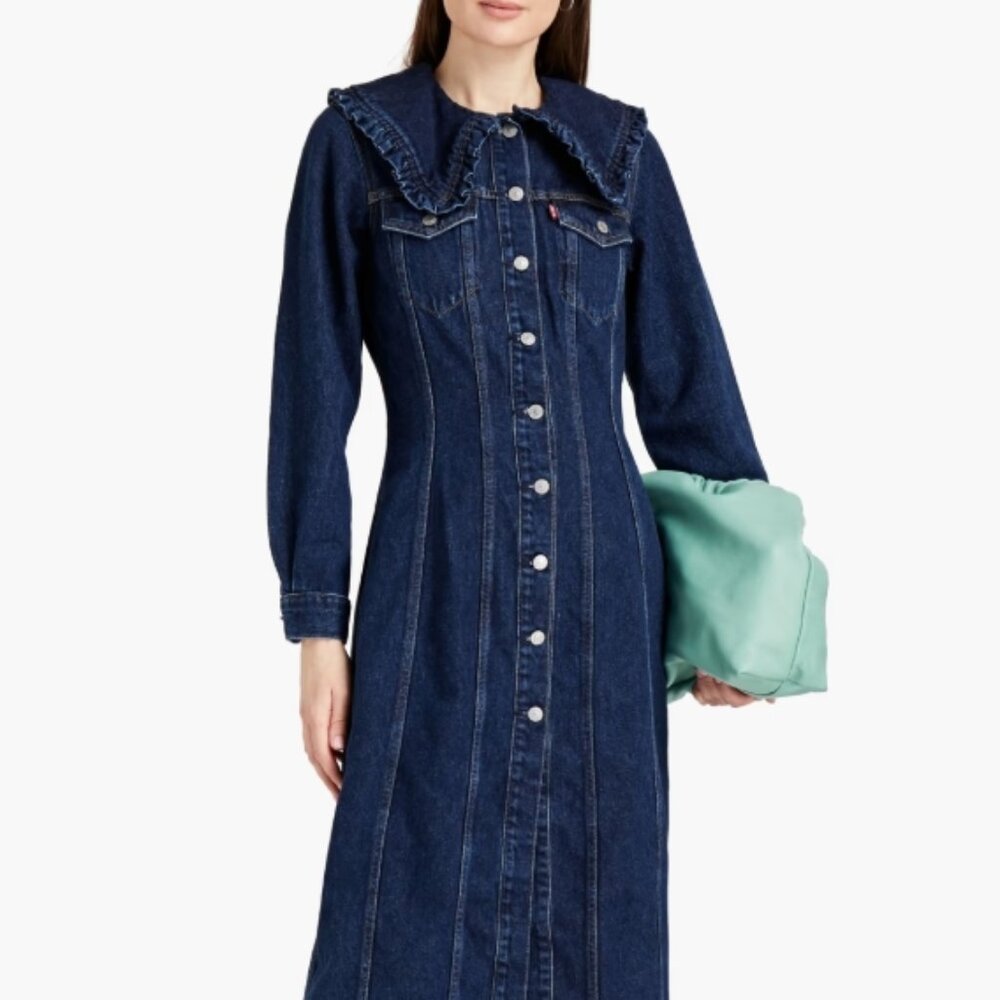 NWOT GANNI X LEVI'S Ruffle-trimmed Denim Shirt Mini Dress XS $475 - Picture 4 of 14